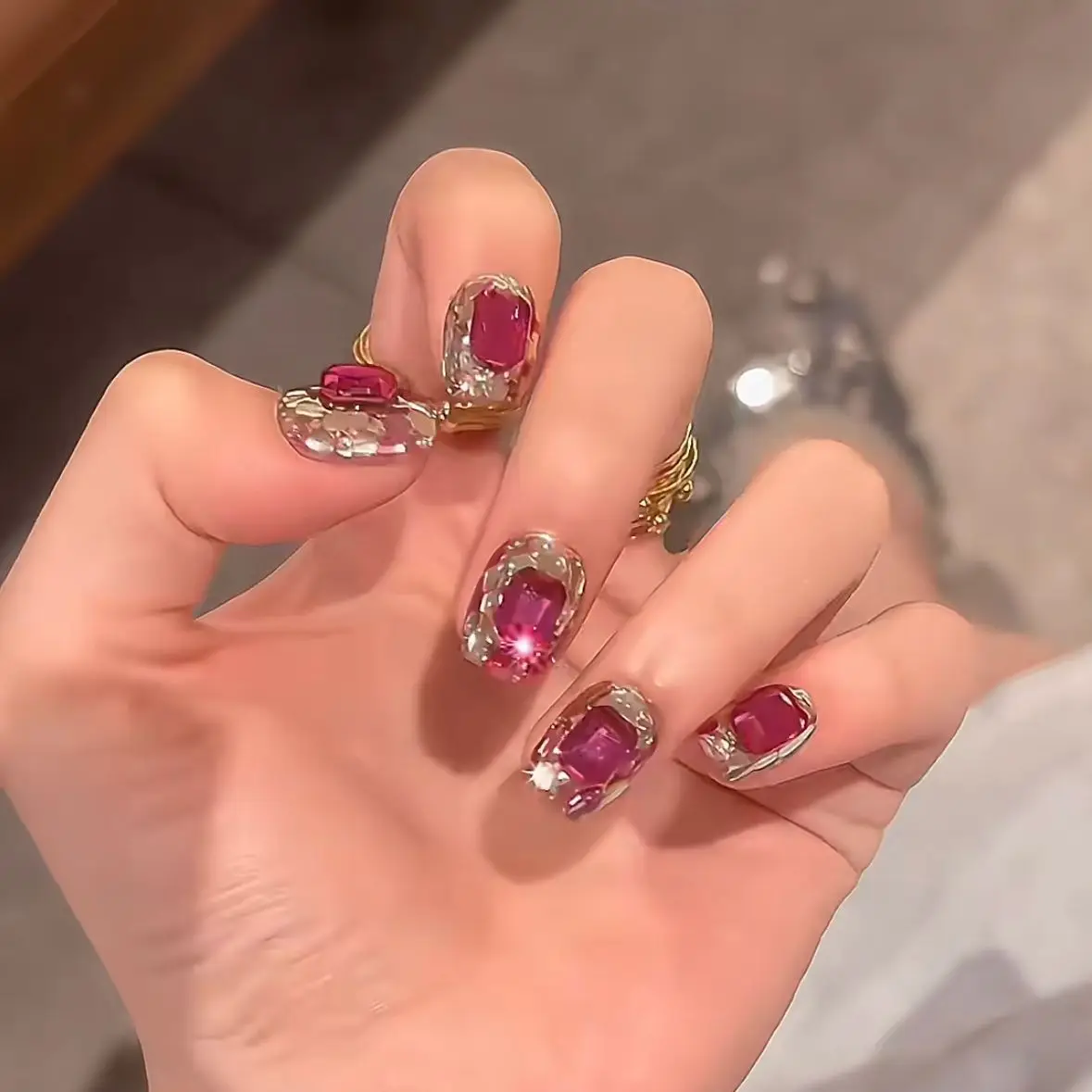 10 Pieces Summer Gold Short Luxury Handmade Press On Nails Purple Full Diamonds Super Glitter Art Fake Nails Removable Reusable