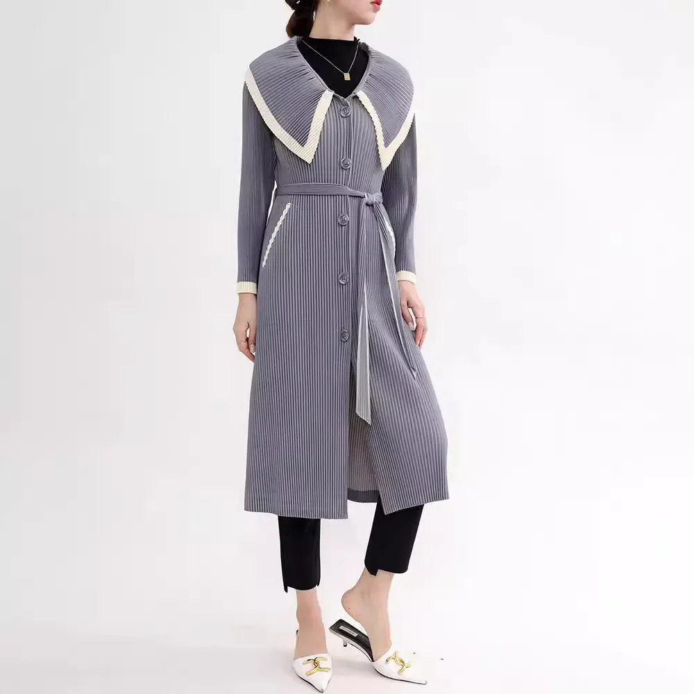 Miyake Pleated Windbreaker Women Spring and Autumn High-end 2024 New Fashion Navy Collar Buttoned Mid-length Lace-up Outer Cloak