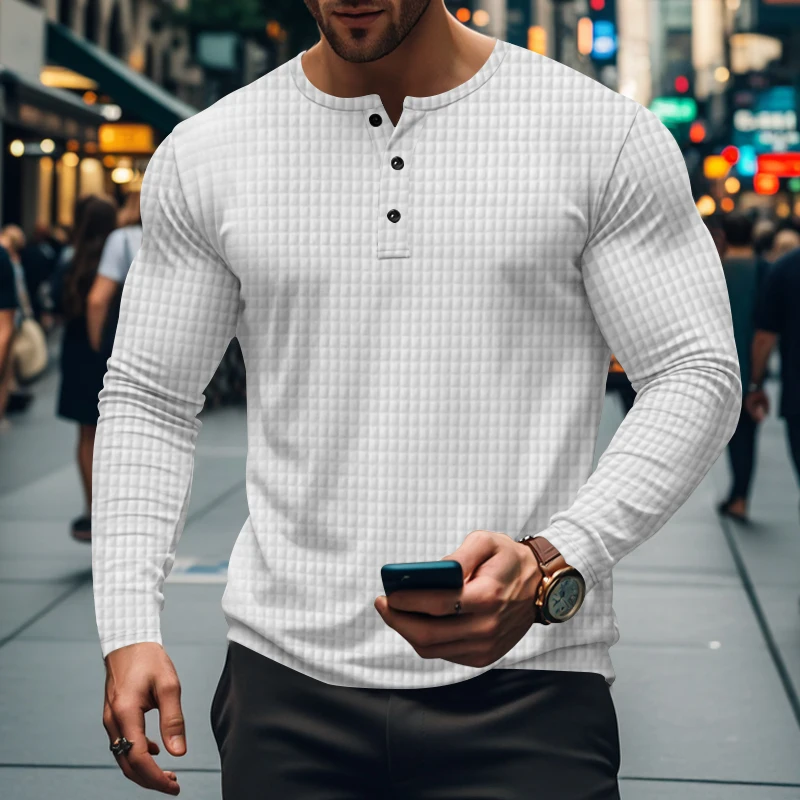 Cross-border small square sports slim breathable men's long sleeve T-shirt Europe and America men's casual Henry shirt