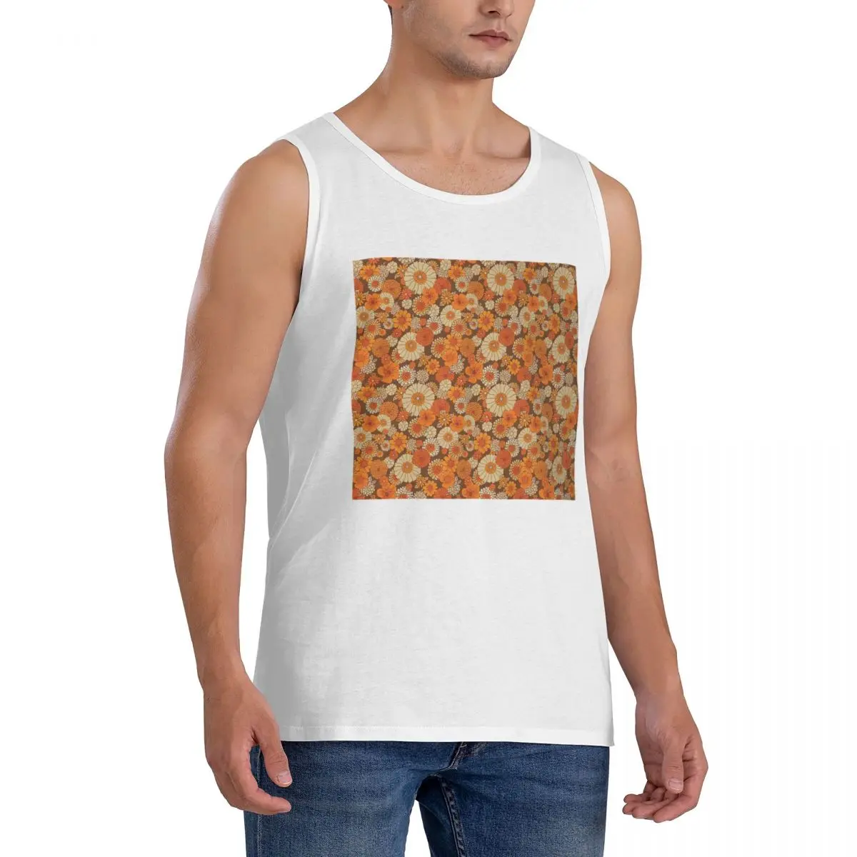 70s Retro Daisies Vintage Flower Power Orange And Brown Boho Sleeveless T-Shirt Men Workout Sports Tops Men's Crew Neck Vest