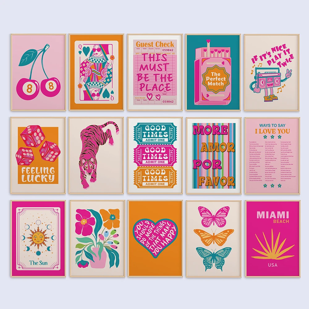Ensemble d'art mural Preppy de 15 pièces, affiche et impression maximaliste pour chambre d'adolescente rose Orange sarcelle, décor Dopamine, images originales pour dortoir Y2k