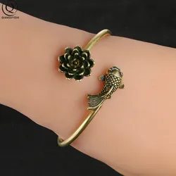 Brass Women Lotus goldfish Opening Bangle Bracelets Jewelry Fashion Accessories Vintage Solid Copper romantic Women Bangles Gift