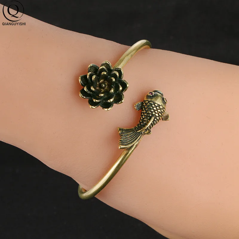 Brass Women Lotus goldfish Opening Bangle Bracelets Jewelry Fashion Accessories Vintage Solid Copper romantic Women Bangles Gift