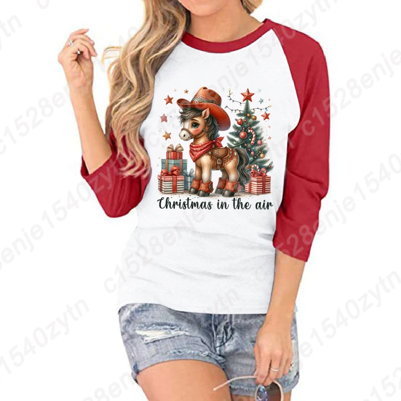 

Hot Selling Tops Horse Christmas In The Air Print Three Quarter Sleeve Shirt Women Summer Seven Sleeves T Shirts Round Neck Tops