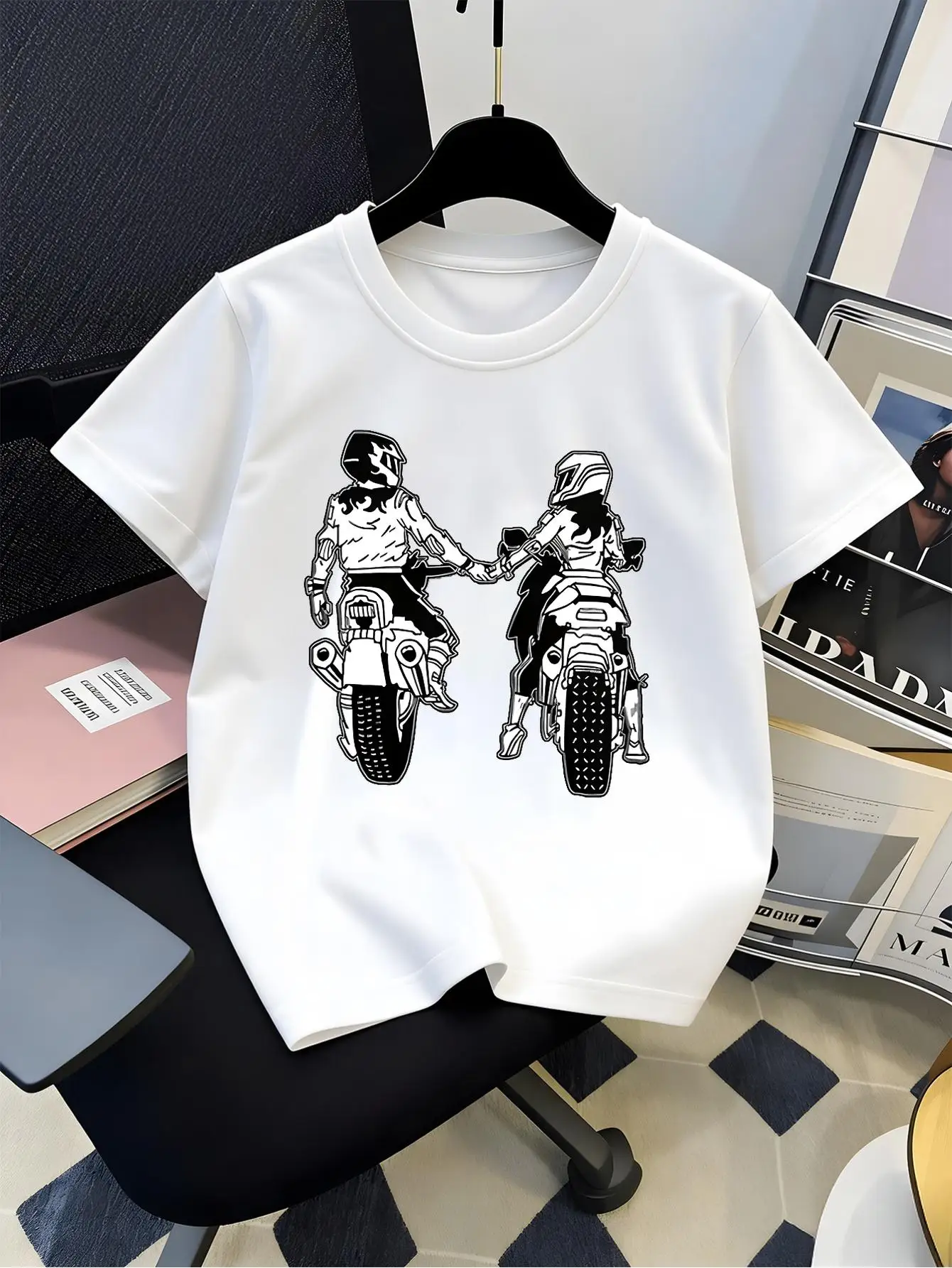 Kids Family Matching Sleeve Tshirt Boys Girls Couple Riders Holding Hands On Motorcycle Line Art Print Casual Parent Child Tee