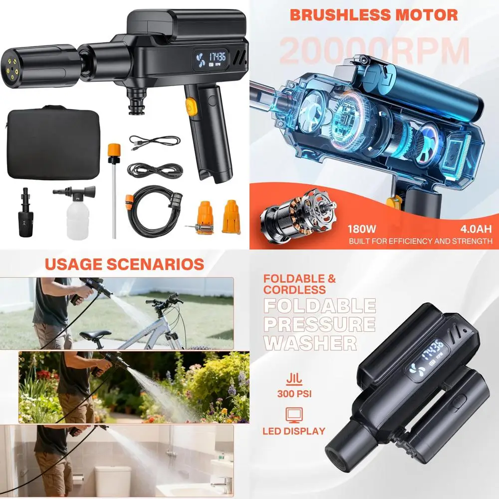 

Портативная мойка высокого давления с насадкой 5-в-1, зарядкой Type-C, шлангом 16 футов, идеально подходит для кемпинга, чистки велосипедов и уборки патио