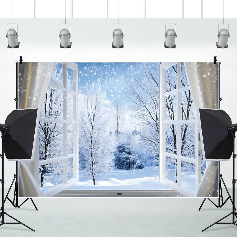 خلفية نافذة غابة الثلج الشتوية ، ديكور جداري لغرفة المعيشة ، خلفية تصوير صورة عائلية ، دعامة تصوير فوتوغرافي ، استوديو فوتوغرافي