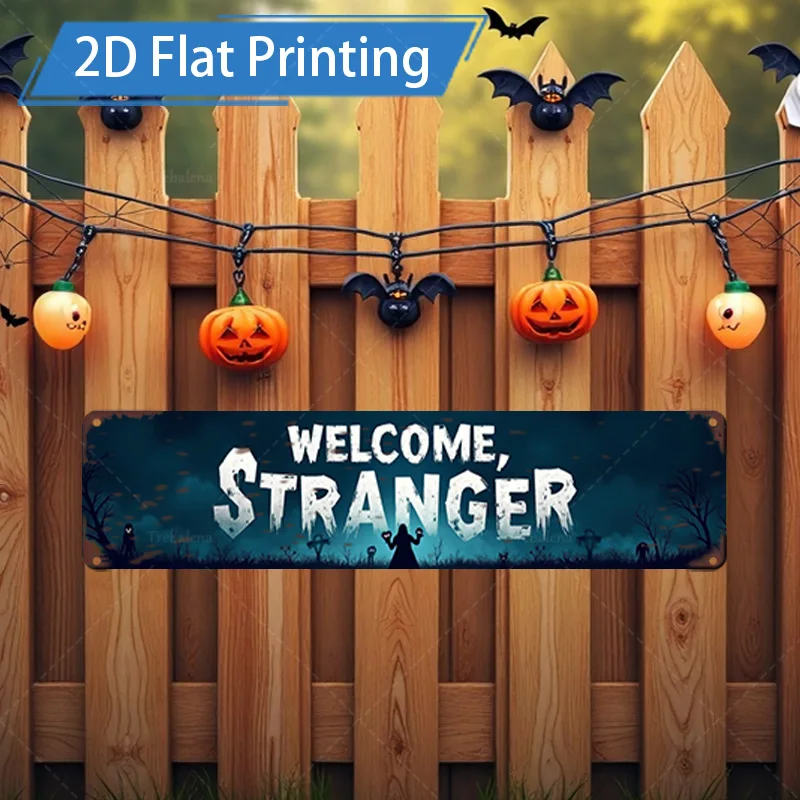 قطعة واحدة من لافتة معدنية، لافتة "مرحبًا بالهالوين مقاس 4 × 16 بوصة مع أضواء اليقطين والخفافيش للديكور المخيف