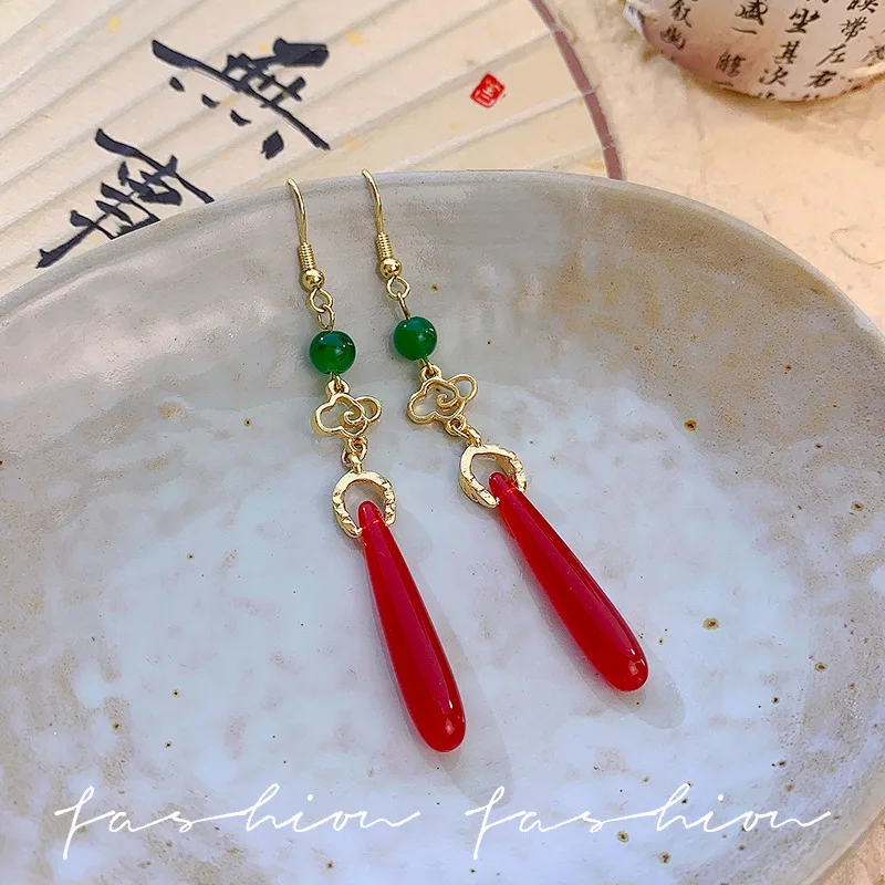 Ethnic Style Auspicious Clouds Earrings for female Ancient style long Delicate tassel Ear Clip Red water drop pendant ear Hook