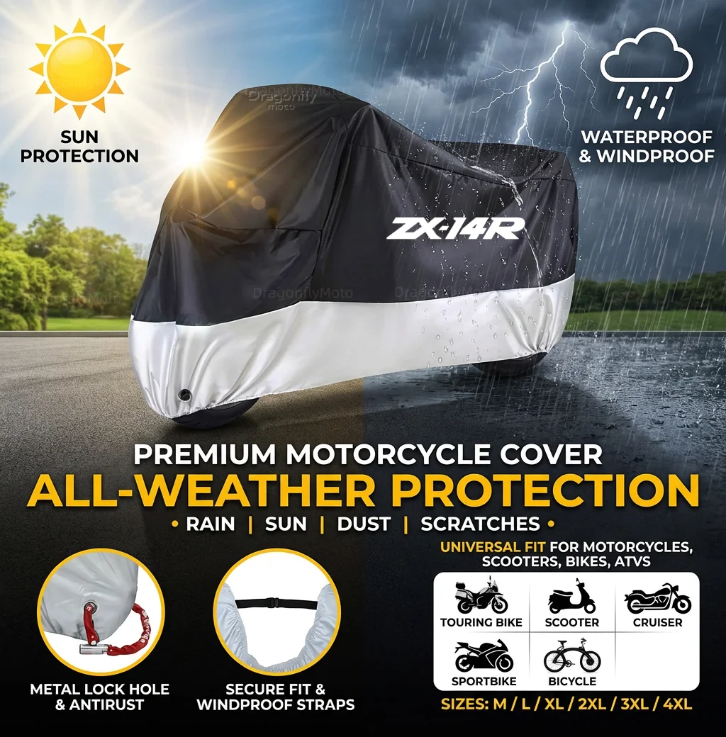 

For Kawasaki ZX14R ZX 14R ZX14 R ZX 14 R 2006-2017 All Season Motorcycle Cover Silver Black Waterproof Dustproof UV Protection