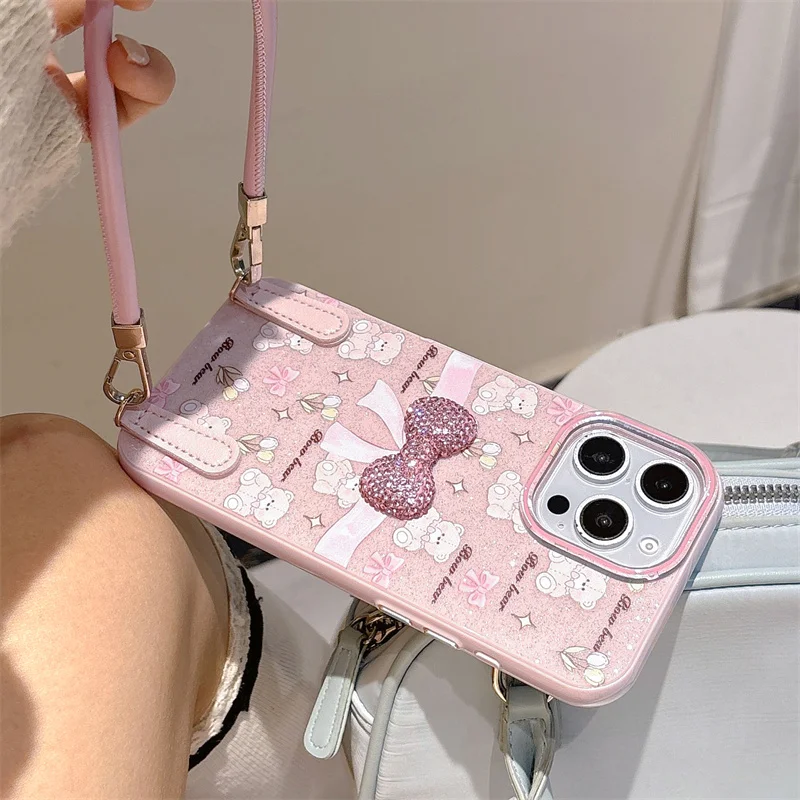 Милый чехол для телефона с блестящим бантом и цветочным принтом медведя для iPhone 14 15 Pro 16 Pro Max Flash, розовый, 3D чехол с бантом и лаппет для девочек, подарок