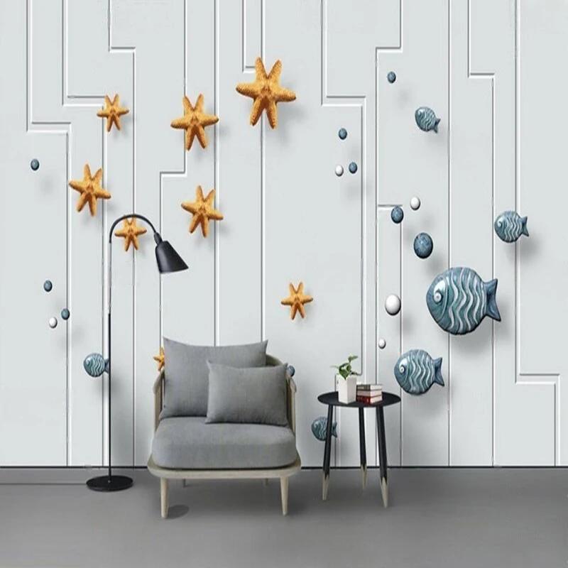 Modern Minimalist Three-Dimensional Creative Fish Sea Star Elegant And Fashionable Study Room Library Cabinet Background Wall