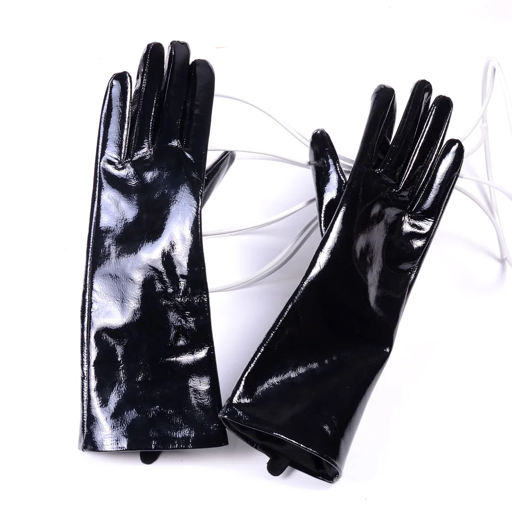 Patent Leather Long Gloves for Men Winter Bright Genuine Leathe Warm Motorcycle Riding Mittens Black 30cm 40cm Arm Long Eldiven