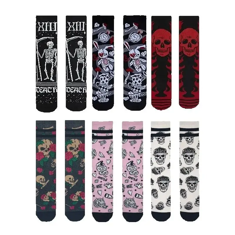 

6 Styles Gothic Retro Skull Punk Skeleton Crew Socks Unisex Harajuku Elastic Cotton Women Men Stocking Skateboard Long Socks