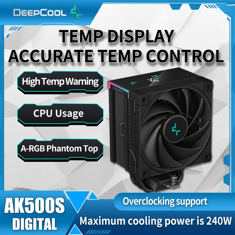 Deepcool AK500S Кулер процессора с цифровым дисплеем и дизайном башни кондиционера, 5 термотрубок