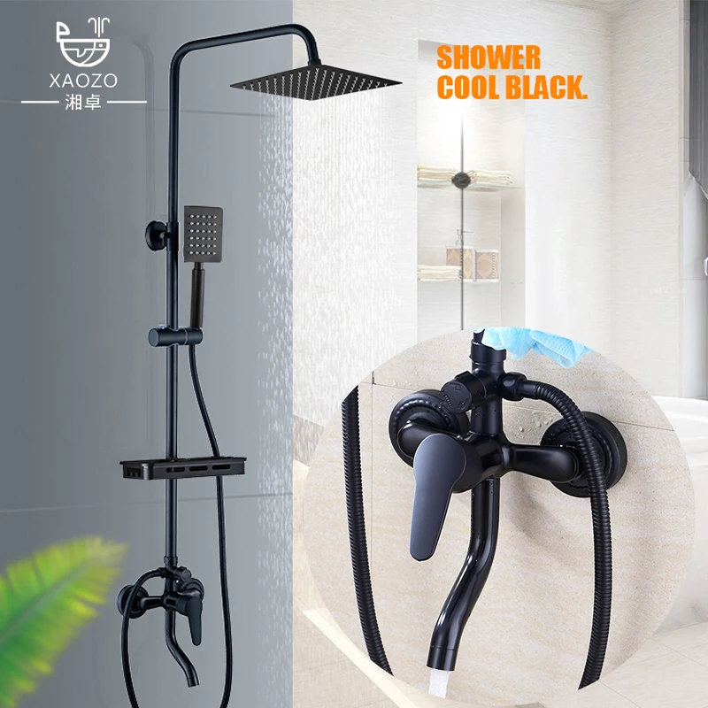 XAOZO-Juego de ducha de baño negro, grifo de ducha de cobre para el hogar, grifo de bañera montado en la pared, ducha de lluvia