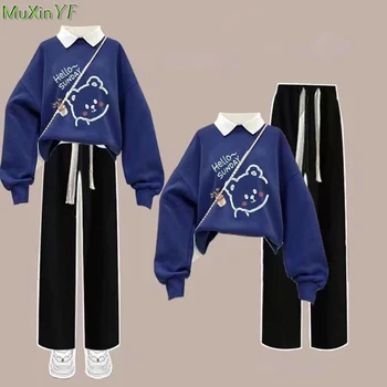 Sweat-shirt Style Preppy pour femmes, ensemble 1 ou 2 pièces, pantalon à jambes larges, Polo décontracté, hauts pull, tenues 2023