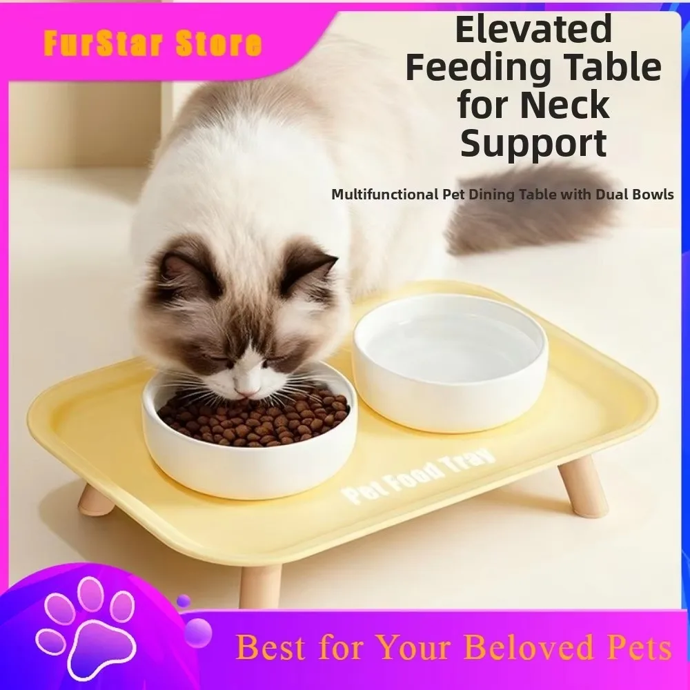 FurstarPractical Large Capacity Pet Double Bowl Anti-Splash Anti-Flip Dog Bowl Double-Way Neck Protection Ceramic Cat Bowl Dog F