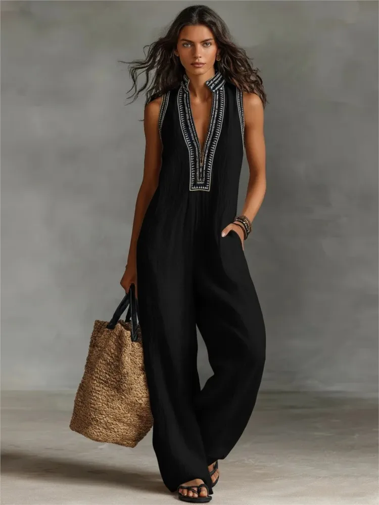 

Women's New Sleeveless Jumpsuits Summer Fashion Stand Collar Loose Pocket Wide Leg Pants Jumpsuit Women's Holiday Party Jumpsuit