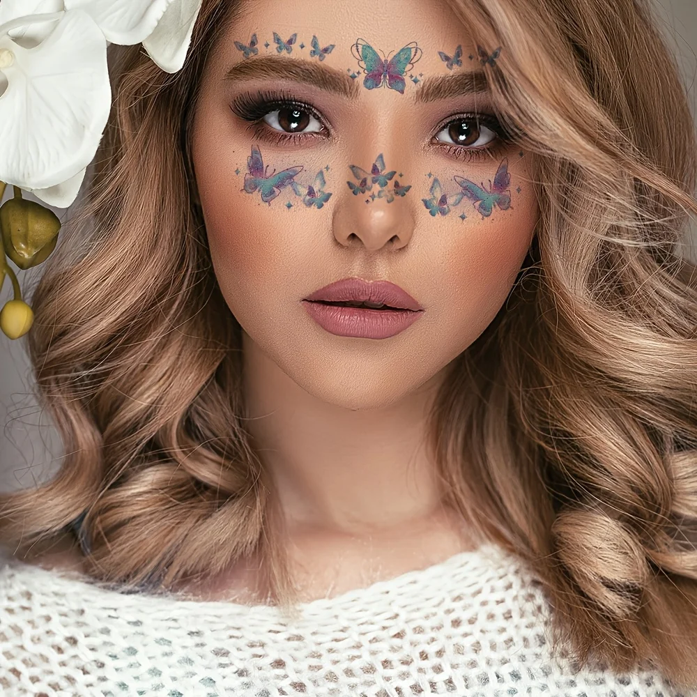 6 Sheets Colorful Butterfly Temporary Tattoo Face Makeup Tattoo Stickers For Women Stage Show Eyes Fake Tattoo Party Flash Tatoo