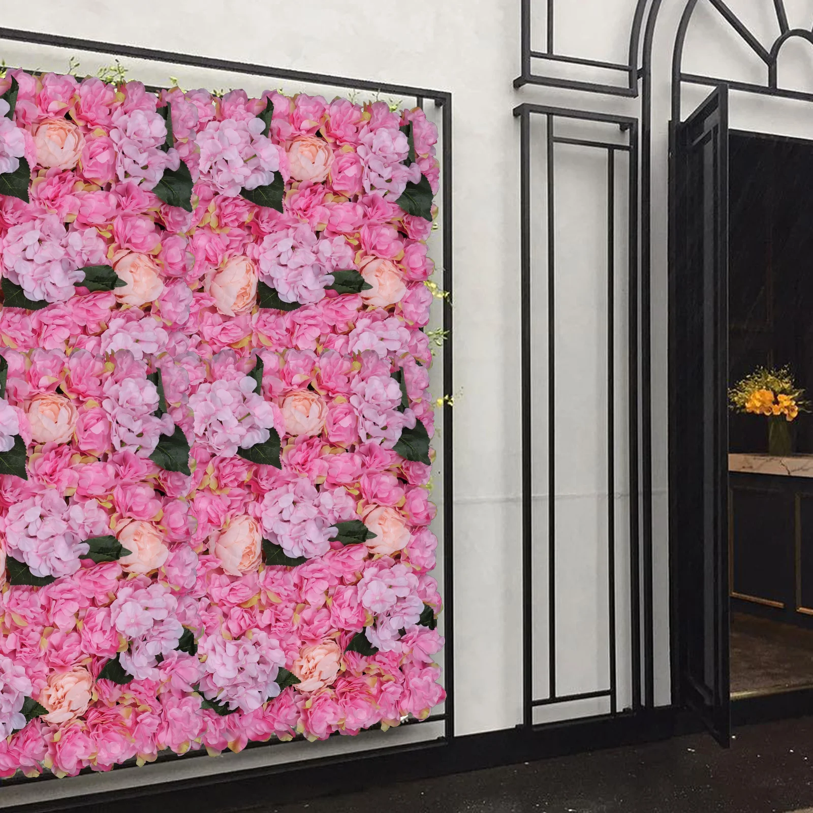 Paquete de 6 paneles de pared de flores artificiales, mezcla realista de hortensias y peonías de Dahlia, diseño de rejilla hueca para un fácil colgar con bridas para cables
