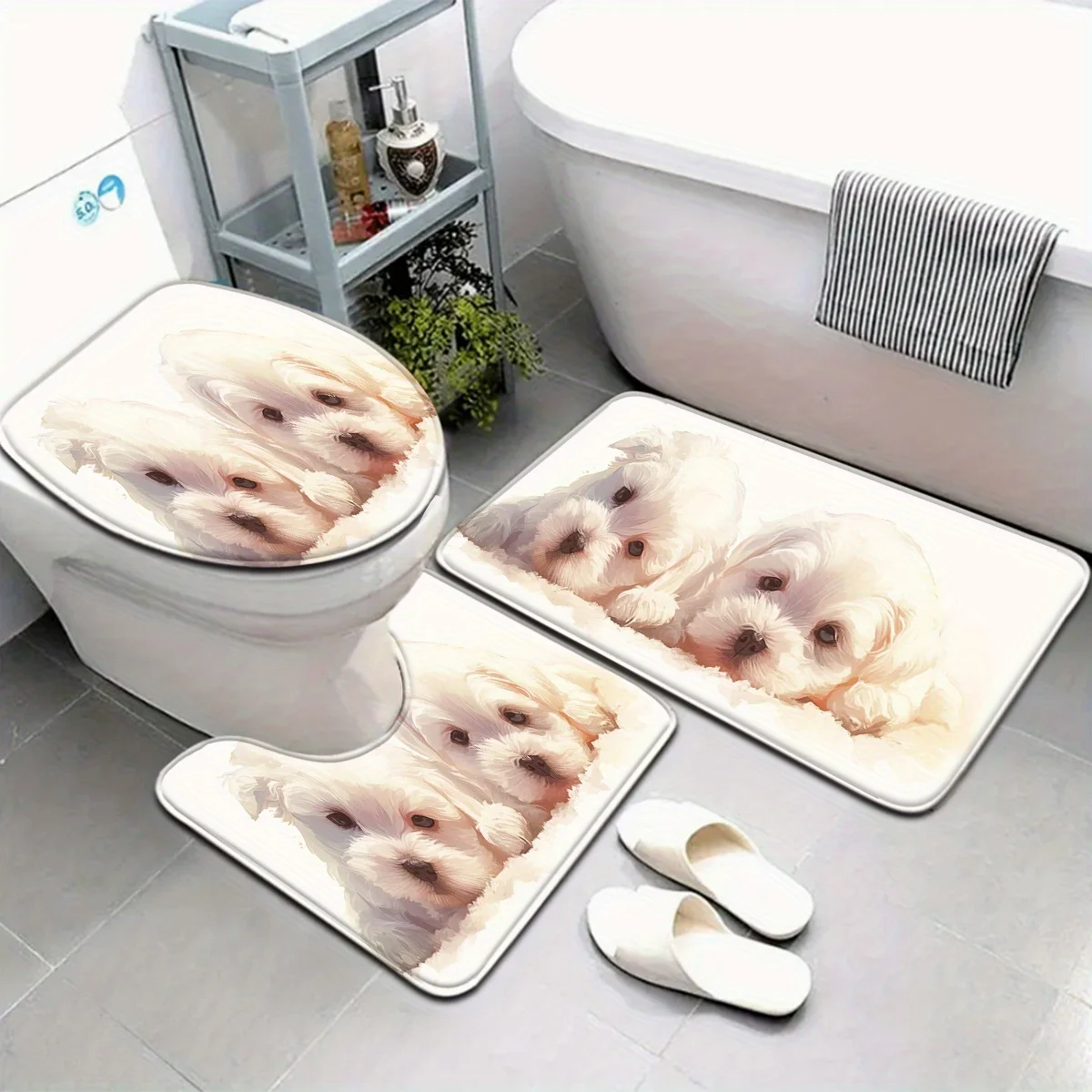 

3 шт., серия животных, супер необыкновенный белый милый щенок, набор ковриков для ванной комнаты, чехол на сиденье для унитаза, U-образная форма для ног Ma