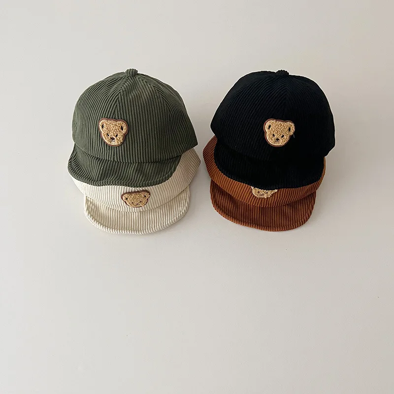 Autumn Children Retro Cartoon Bear Peaked Cap Boy Baby Patch Corduroy Hats Girl Infant Short Eaves Baseball Caps Kid Casual Hat