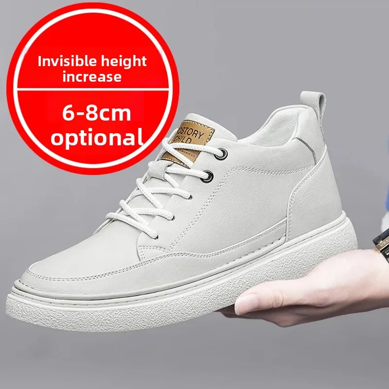 

High-heel platform shoes for men, 8CM height, casual and sports style sneakers, breathable, men's white sneakers