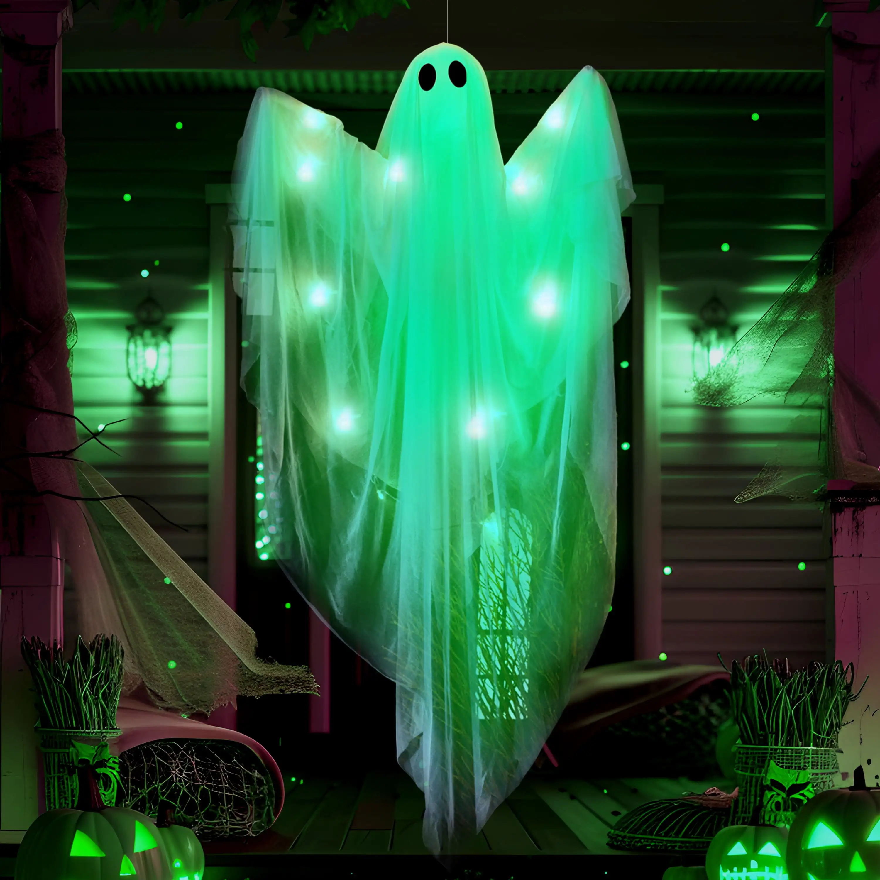 

Joyfy 47 Inch Hanging Ghosts Halloween Decorations White Ghosts with Spooky Green LED Light for Halloween Outdoor Decoration