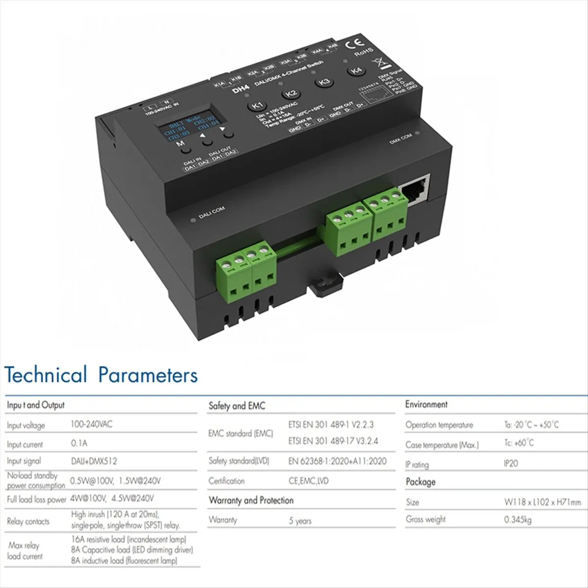 T35C For 4-Channel Switch With OLED Display Screen Relay 4CH Dry Contact Output 4 Address -RDM Din Rail 100-240VAC