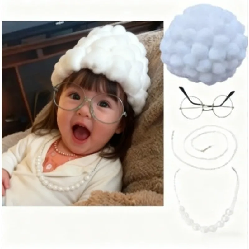 Granny Style Baby Wig Set with Glasses & Pearl Necklace, Complete 4-Piece Newborn Photography Prop, Curly Hair Cap for  Photo