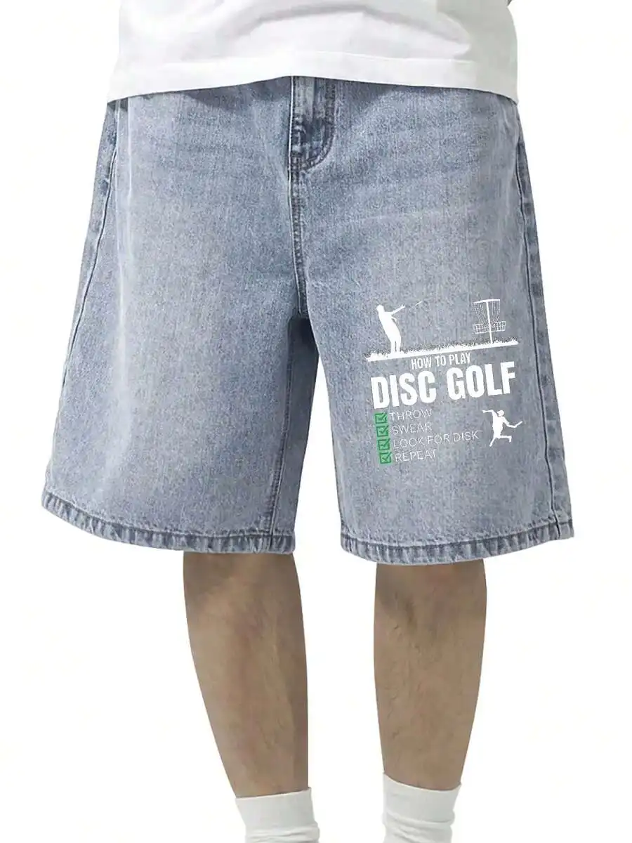 

Mens Denim Shorts With Disc Golf Print Loose Fit Casual Jean Shorts