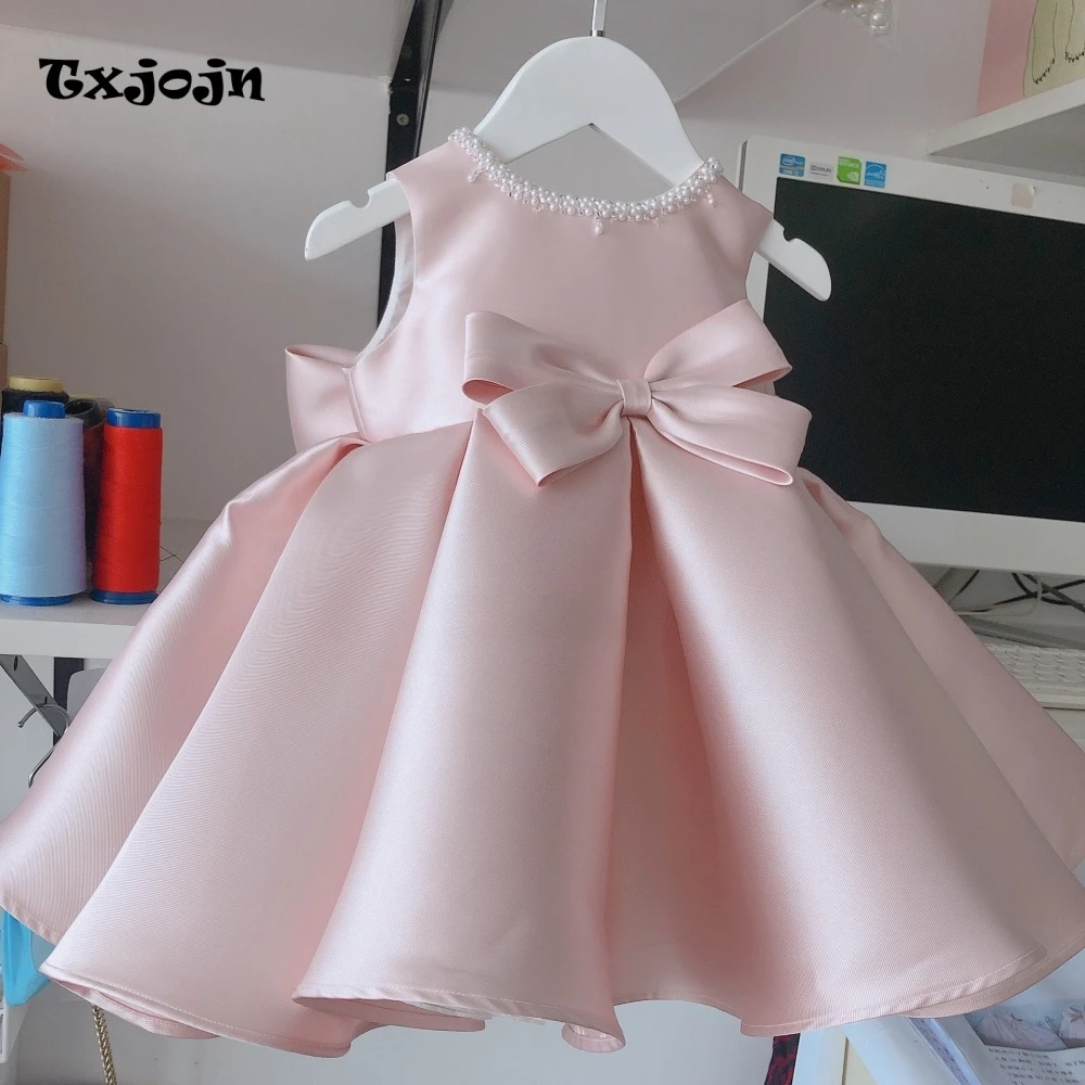 Baby Girl Dress 1-14 Years Old Girl's Beaded O-neck Princess Dress Satin Bow Birthday Dress Wedding Dress Flower Girl Show Dress