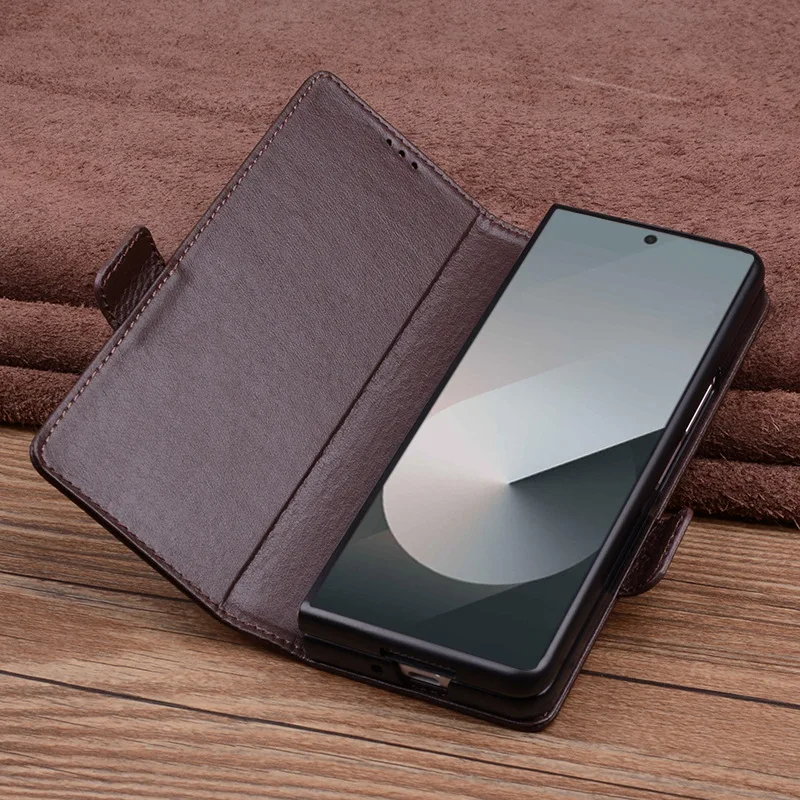 Wobiloo Luxury Real Cowhide Genuine Leather Flip Phone Cases For Samsung Galaxy Z Fold 6 Fold6 Hell Full Cover Pocket Bag Case