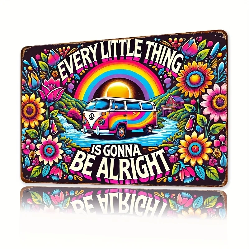 Vintage Van & Rainbow Metal Wall Art - Every Little Thing Is Gonna Be Alright | Waterproof, Retro Iron Decor for Home, Cafe, B