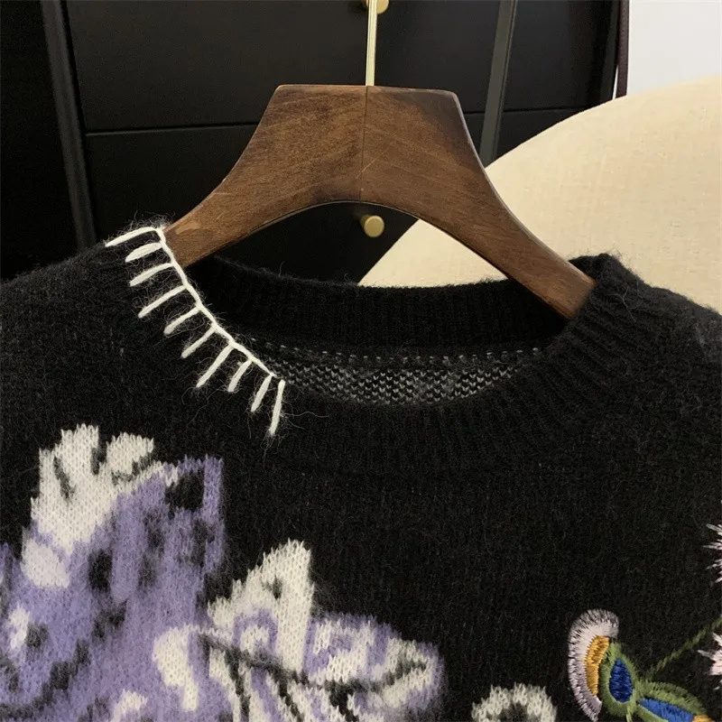 Flower Jacquard Elegant Vintage Sweater Women Pullover Tops 2024 Spring Long Sleeve O-neck Loose Fashion Ladies Jumpers Knitwear