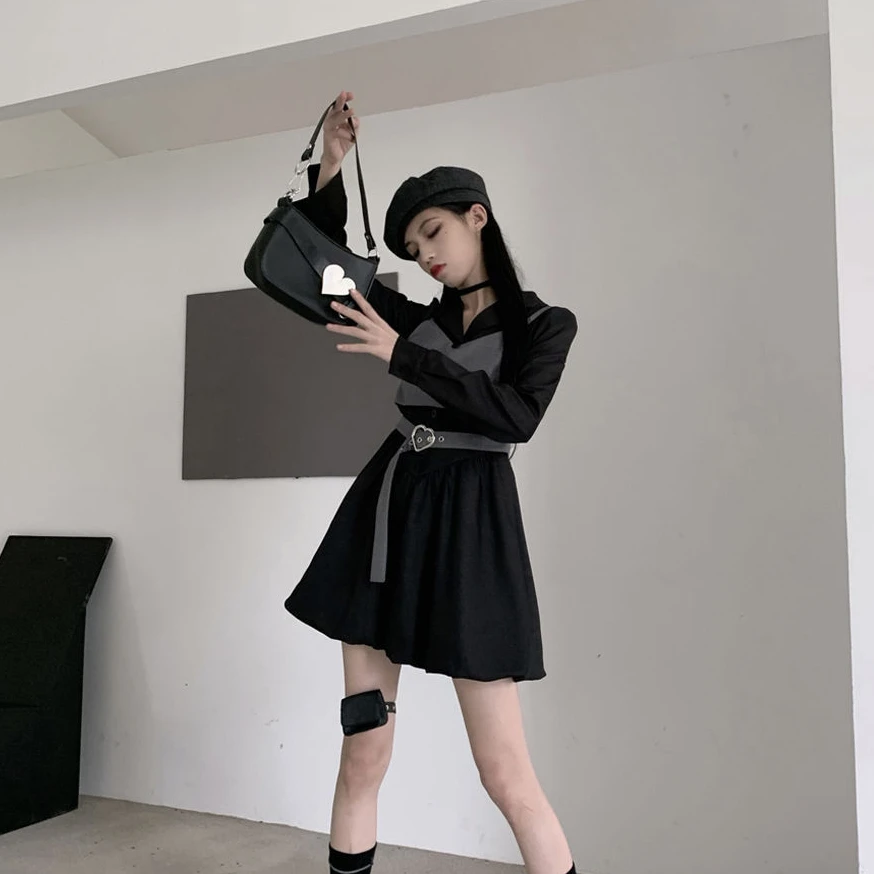 Long Sleeve Dress Women Notched Mini Elegant Korean Style All Match Autumn Popular Vintage Leisure Girlish Street Wear College