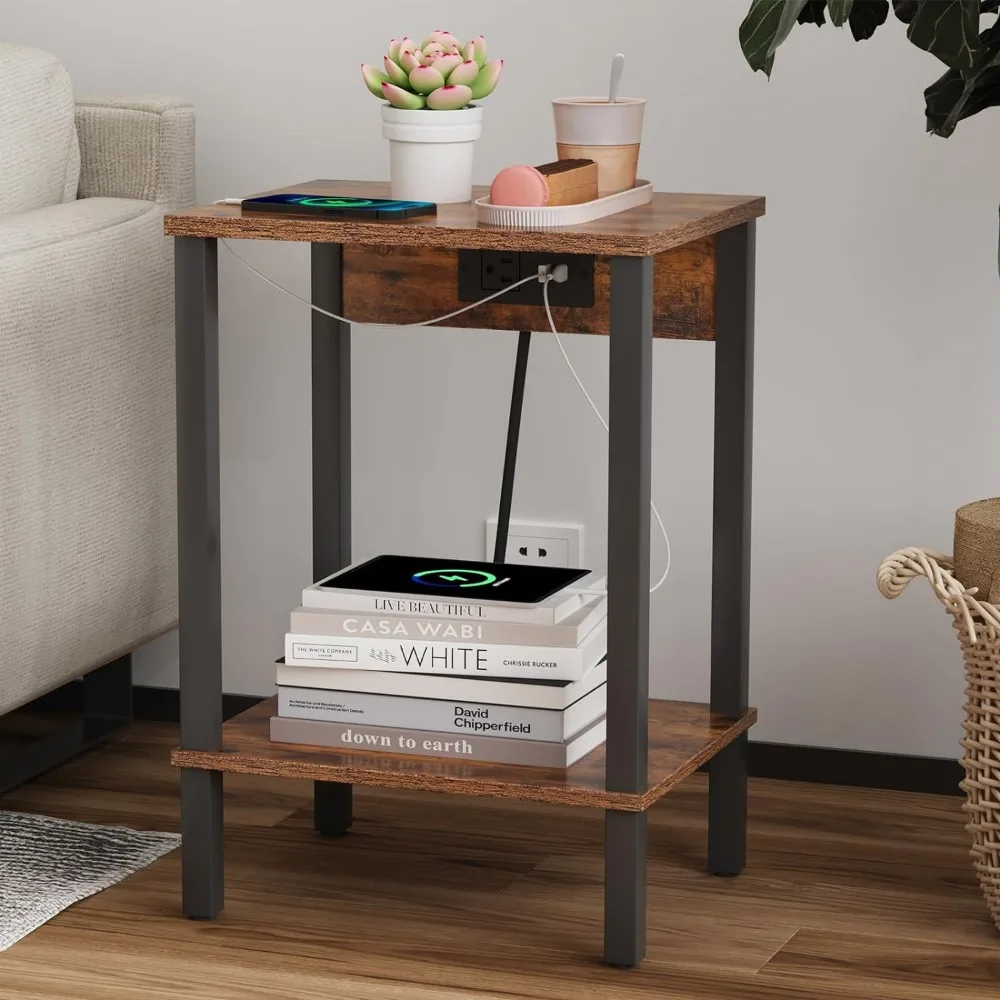 Set of 2 End Table with Charging Station, Narrow Side Table with USB Ports and Outlets, Nightstands with 2-Tier Storage Shelves