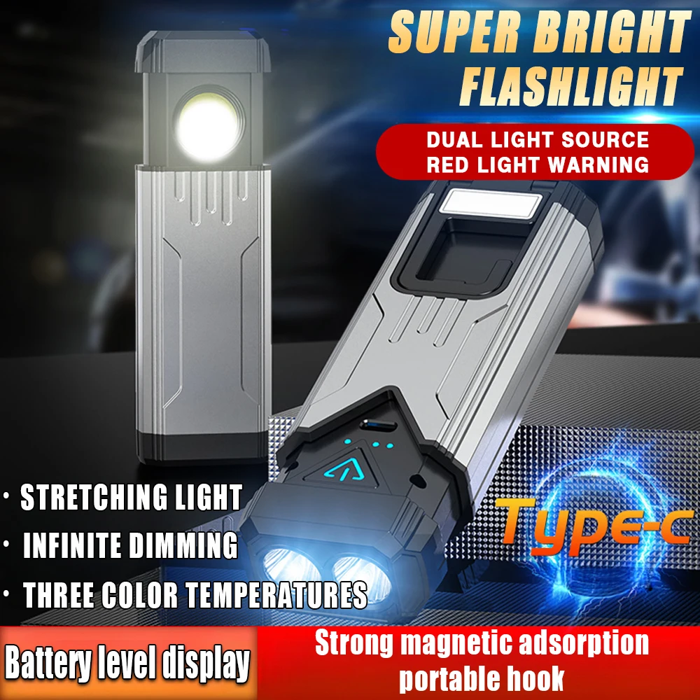 Dual Light Source Flashlight USB Rechargeable Torch with Tail Magnetic Attraction Powerful Lantern for Outdoor Working Emergency