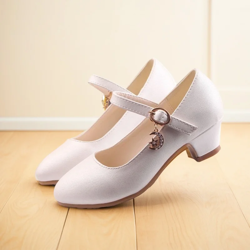 Zapatos de cuero de tacón alto para niñas, sandalias de baile para espectáculo de estudiantes, vestido de rendimiento, princesa blanca, 28-41