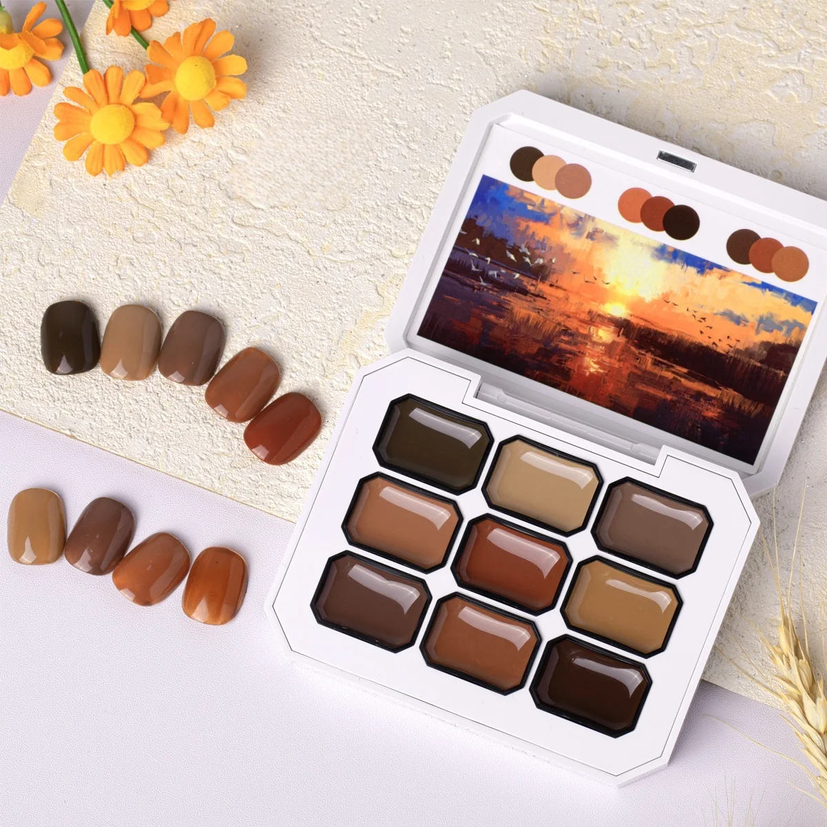 9 Farbtöne Retro Karamellbraun Solid Cream Gel Palette Sonnenuntergang Ölgemälde UV Soak Off Gel mit kostenlosem Nagelpinsel für Herbst-Winter Nagelstudio – Detail 3