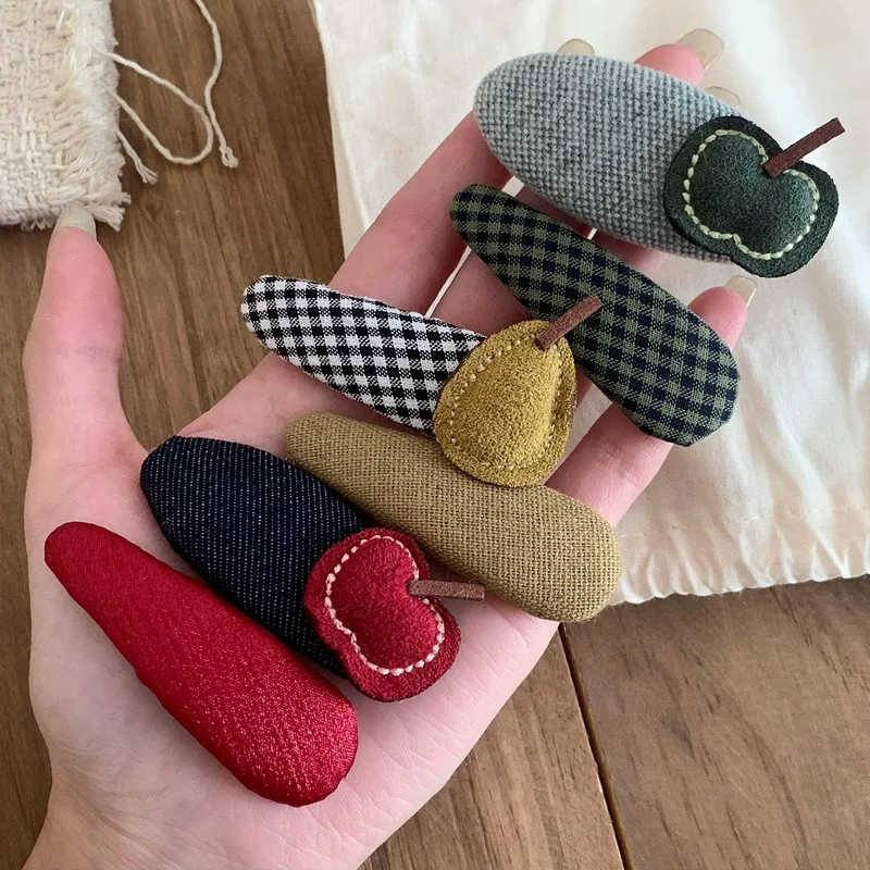 2PCS/set Cute Apple Hair Clip For Girls kawaii Plaid Hairclip Kids Fruit Hairpin Baby Food Barrettes Red Hair Pin Accessories