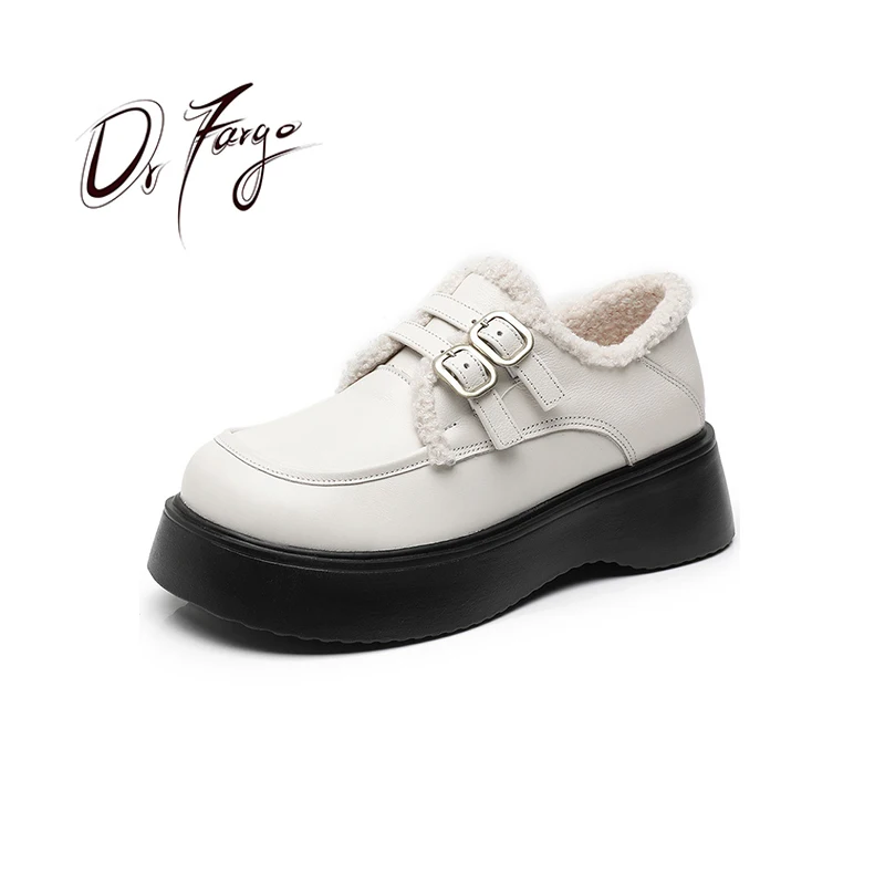 DRFARGO Genuine Leather Women Cotton Warm Loafers Shoes Women Spring Autumn Winter Flatform Thick Bottom Large Size Ladies Shoes