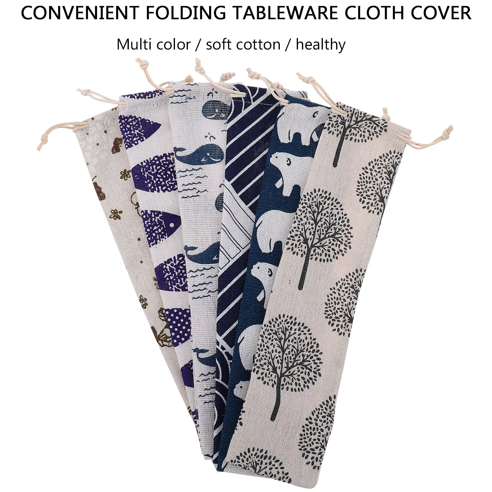 6Pcs Assorted Design Drawstring Bags Cutlery Bags Toothbrush Storage Bag Tableware Cover Linen Style Dustproof Breathable Travel