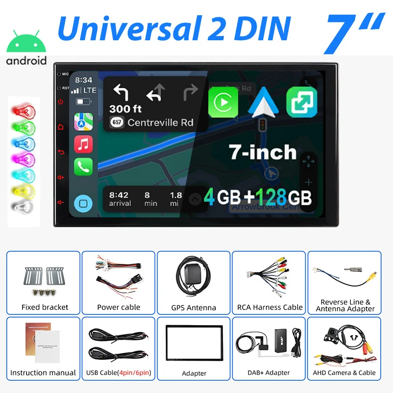 Universeel Autoradio ESSGOO Android 15 7"/9"/10" 4+128 GB 2 DIN Draadloze CarPlay Android Auto GPS Navigatie RDS FM Bluetooth 7 Kleuren ASP-scherm Mirror Link Aanraakscherm Stuurwielbediening - afbeelding 1