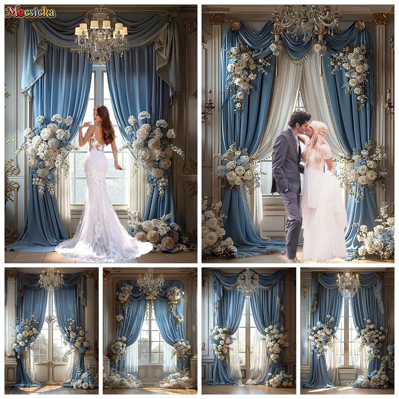 

Mocsicka Spring Photography Background Wedding Party Floral Blue Curtain Decor Wedding Adult Portrait Studio Photo Props