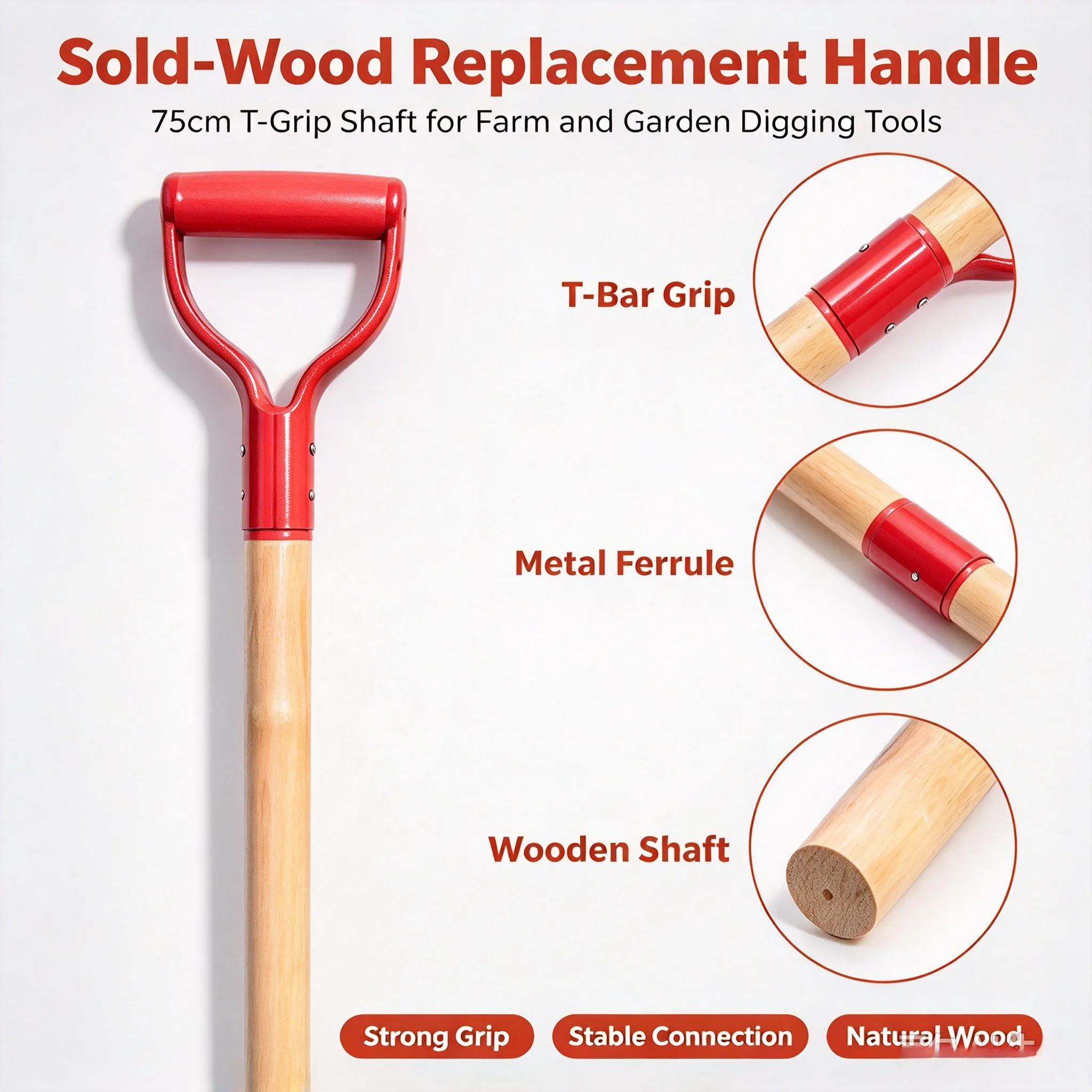 75cm T-Grip Wooden Shovel Replacement Handle Farm Garden Tool Heavy Duty Digging Tool Handle Sold-Wood Replacement Handle