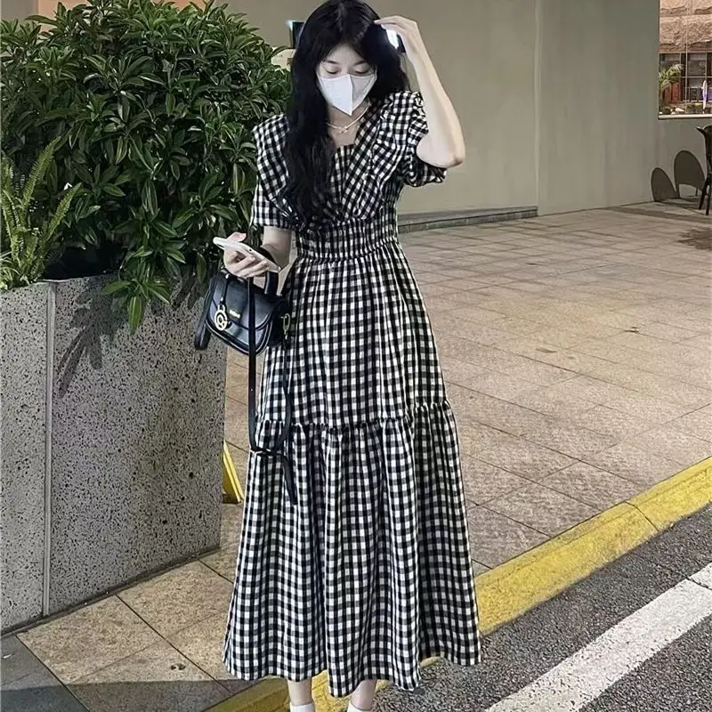 

Sweet Ruffles Shirring Lace Up Backless Plaid Princess Dress Female Clothing 2024 Summer New Loose Preppy Style Casual Dresses