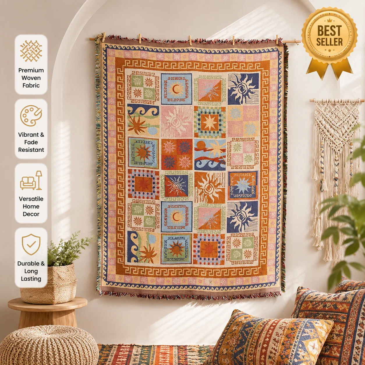 Handwoven Bohemian Ethnic Style Wall Tapestry Decorative Fabric Tassel Hanging Painting for Living Room Bedroom Modern Simpli...
