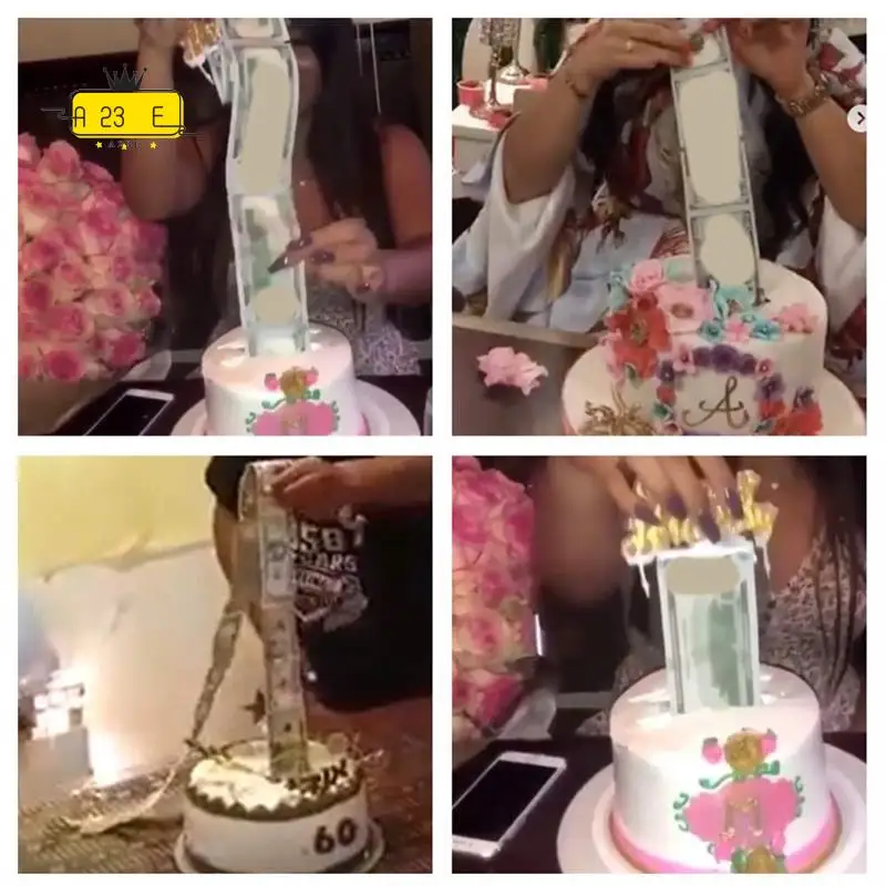 

A23E-Cake Money Box Set, Money Pulling Cake Making Mold,Cake ATM Money Box With Gold Glitter Happy Birthday Cake Topper